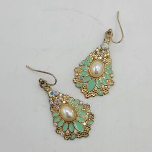 AB Rhinestone Drop Pendant Earrings Aqua Enamel faux Pearl Gold tone 90s Vintage